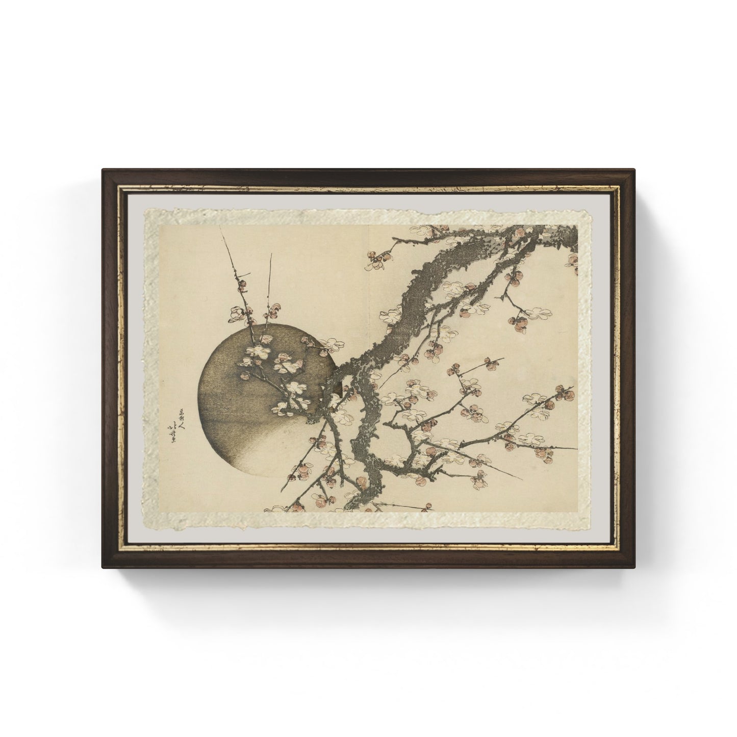 Fioritura di prugne e la luna su carta Amalfi di Katsushika Hokusai