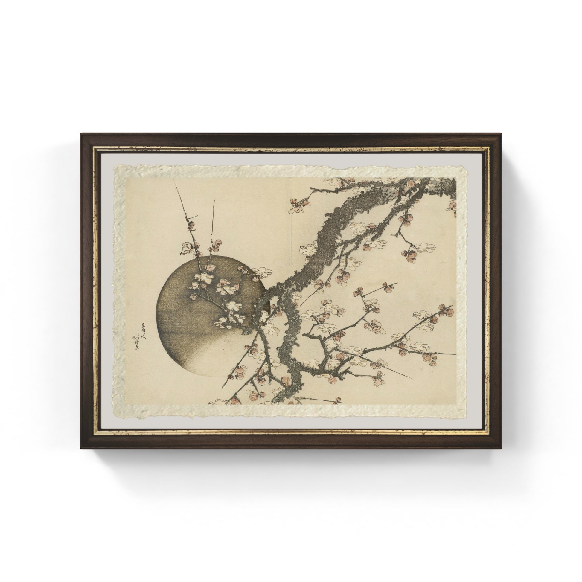 Fioritura di prugne e la luna su carta Amalfi di Katsushika Hokusai