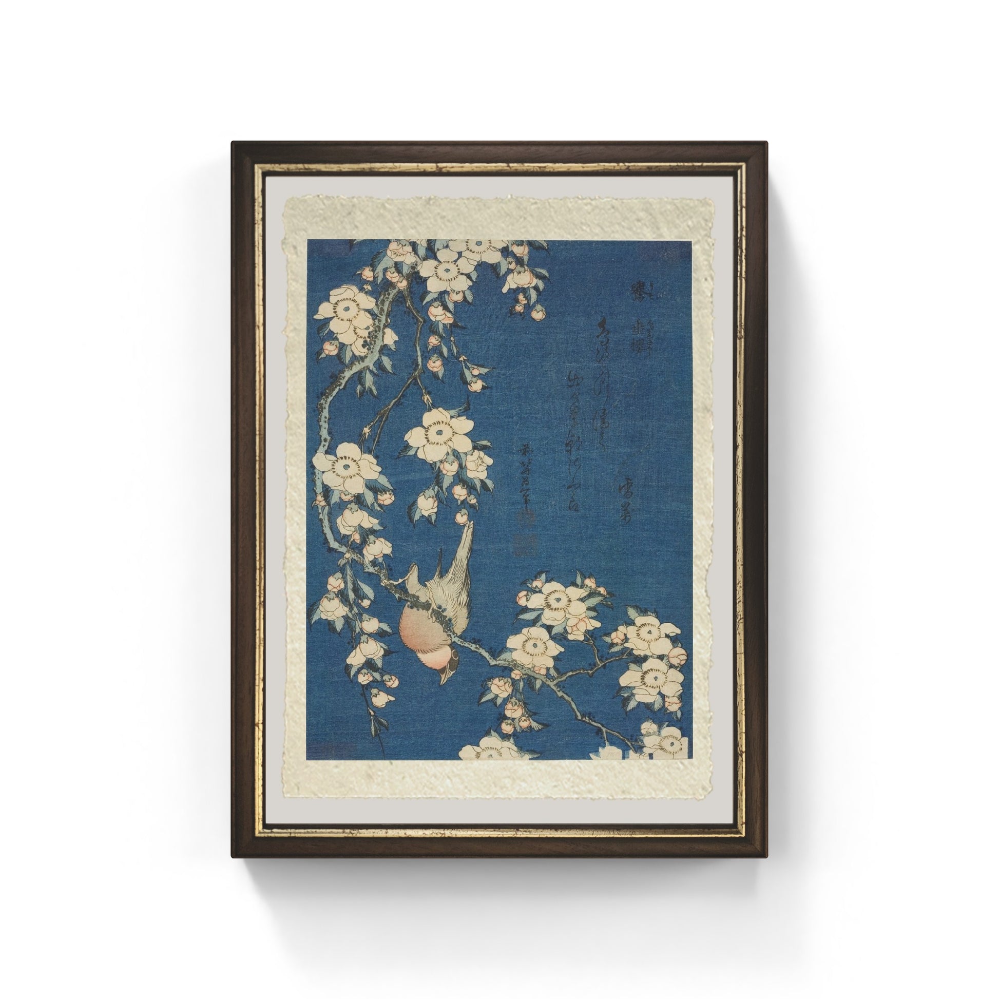 Riproduzione dell’opera “Fringuello e Ciliegio Piangente” di Katsushika Hokusai stampata su carta Amalfi