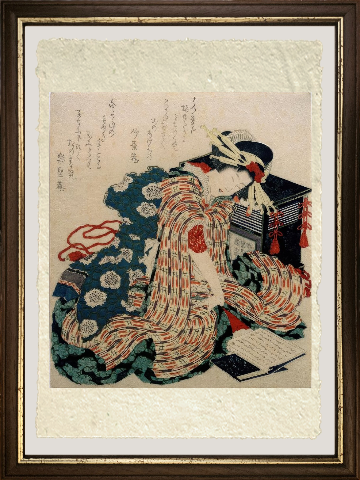 Dettaglio Giovane donna che legge il libro del cuscino di Katsushika Hokusai su carta Amalfi