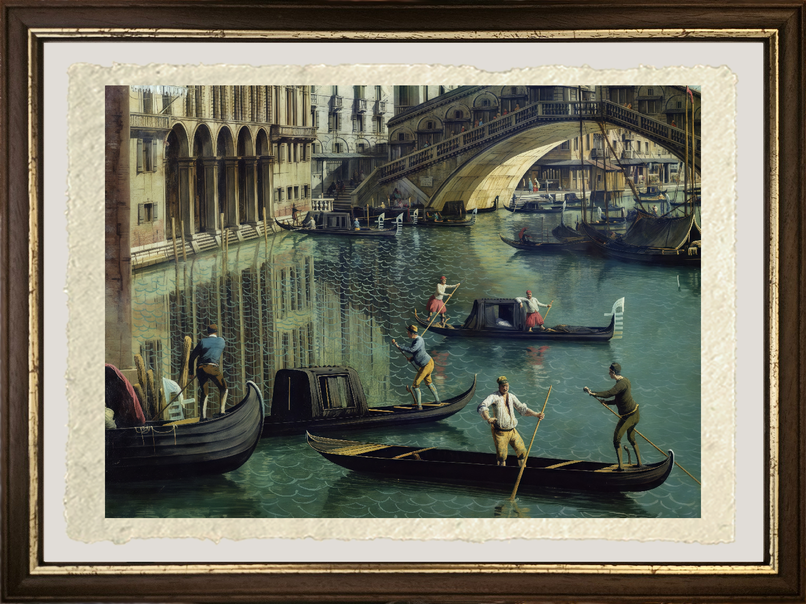 Dettaglio di Gondolieri vicino al Ponte di Rialto di Giovanni Antonio Canal detto Canaletto su carta Amalfi