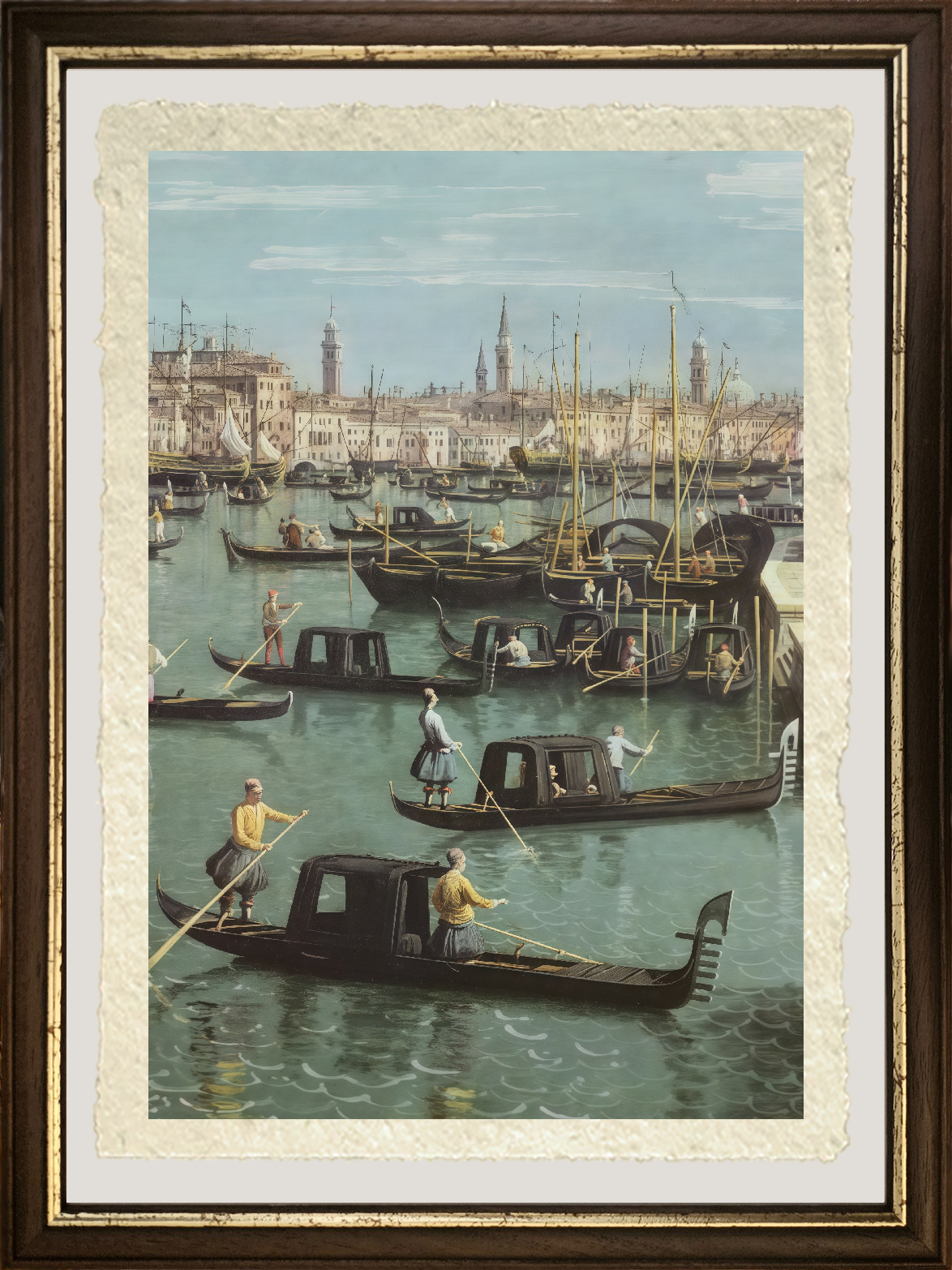Dettaglio di Gondolieri vicino all'ingresso del Canal Grande di Giovanni Antonio Canal detto Canaletto su carta Amalfi