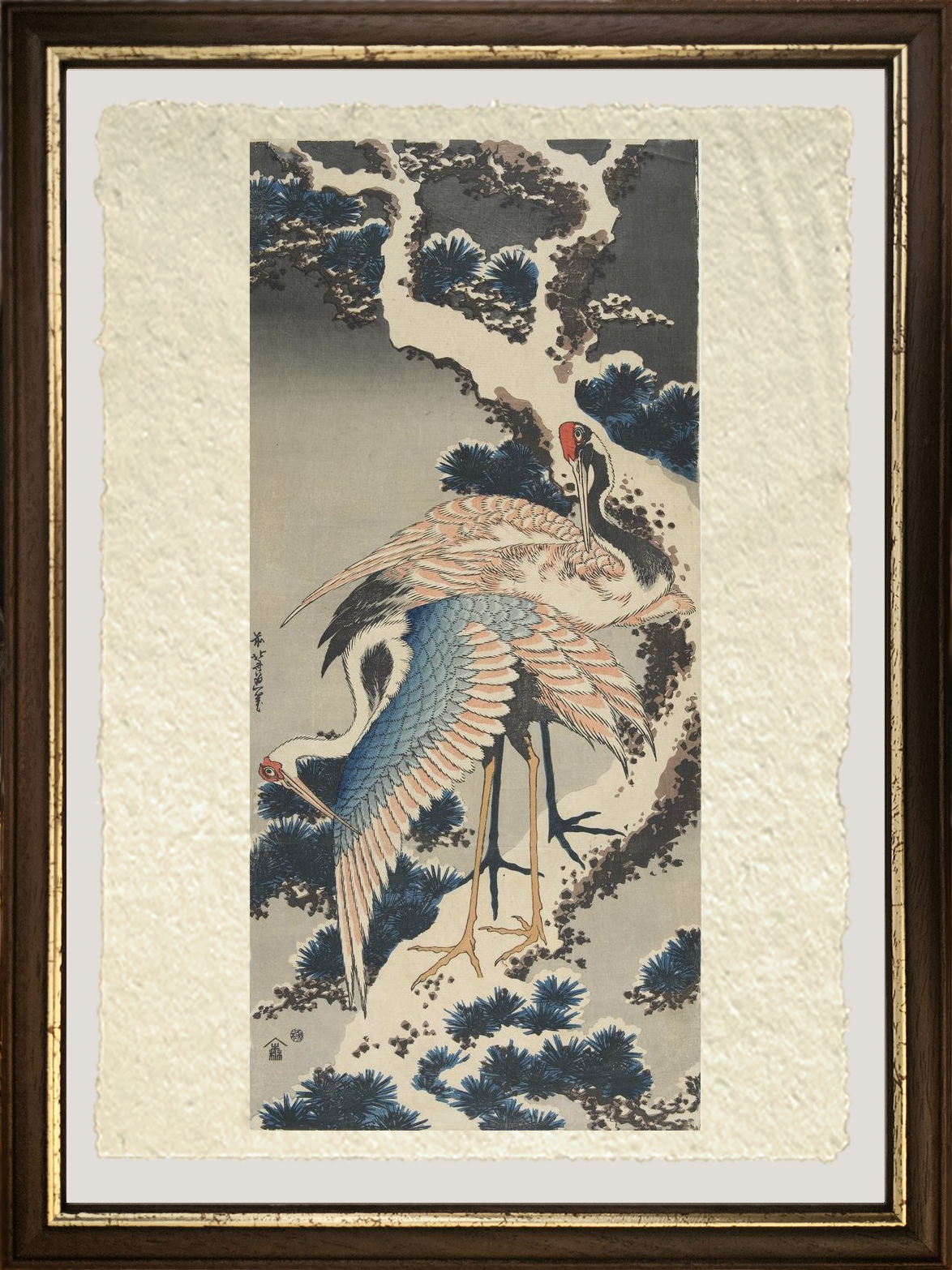 Dettaglio di Gru su pino Katsushika Hokusai su carta Amalfi