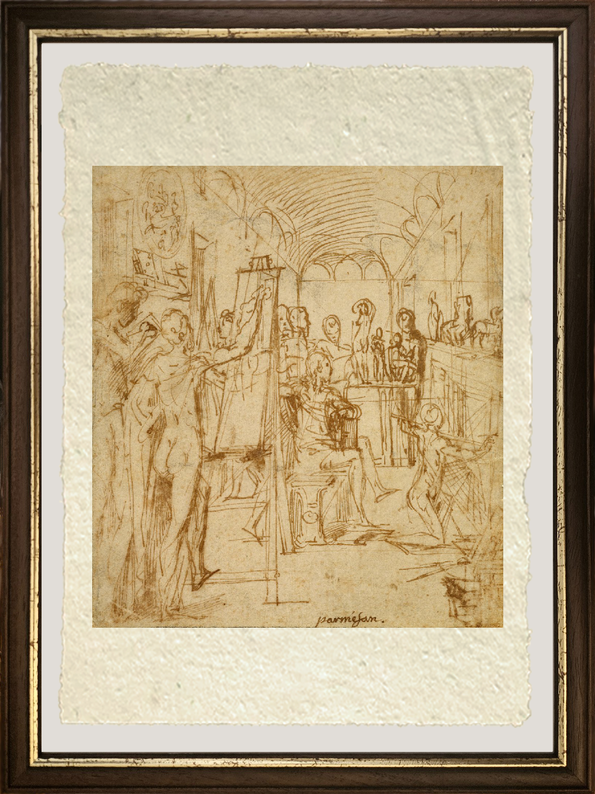 Dettaglio di Interno di uno studio di pittore di Parmigianino su carta Amalfi