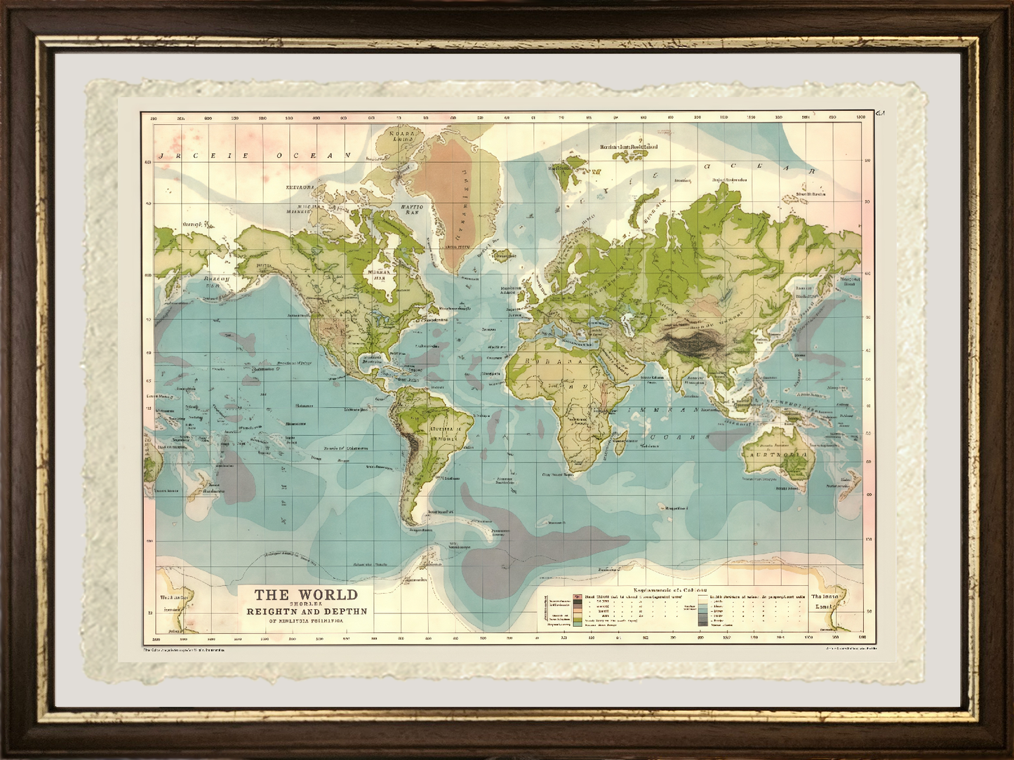 World map with heights and depths - 1902