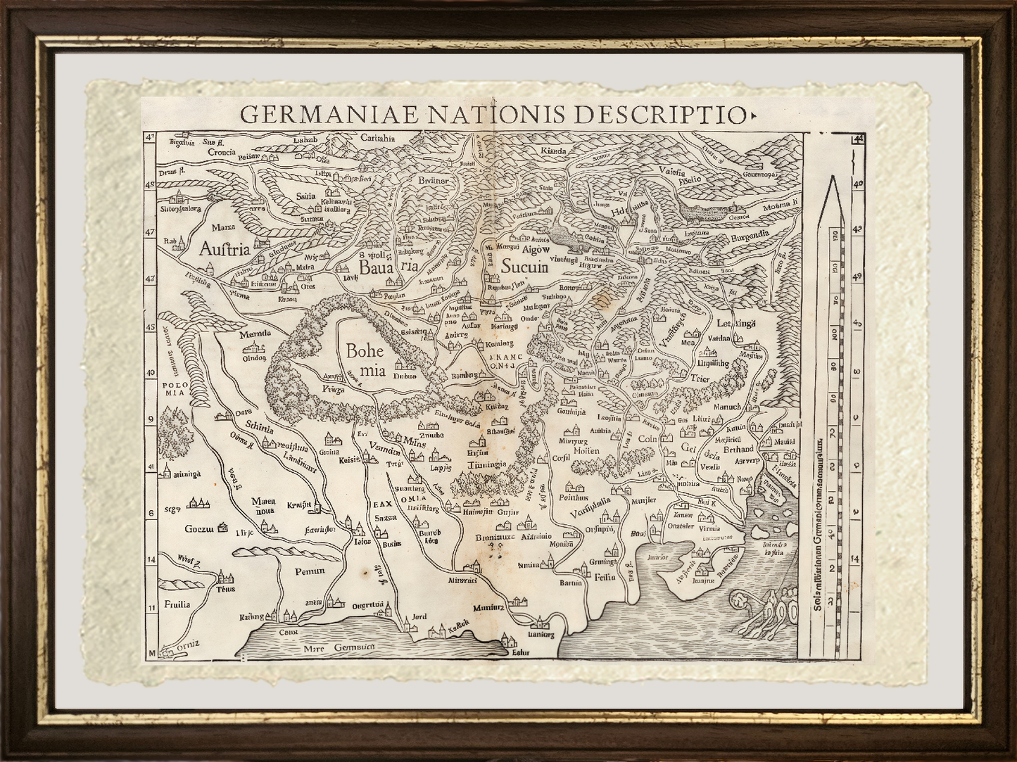 Important woodcut map of the Holy Roman Empire by Sebastian Münster