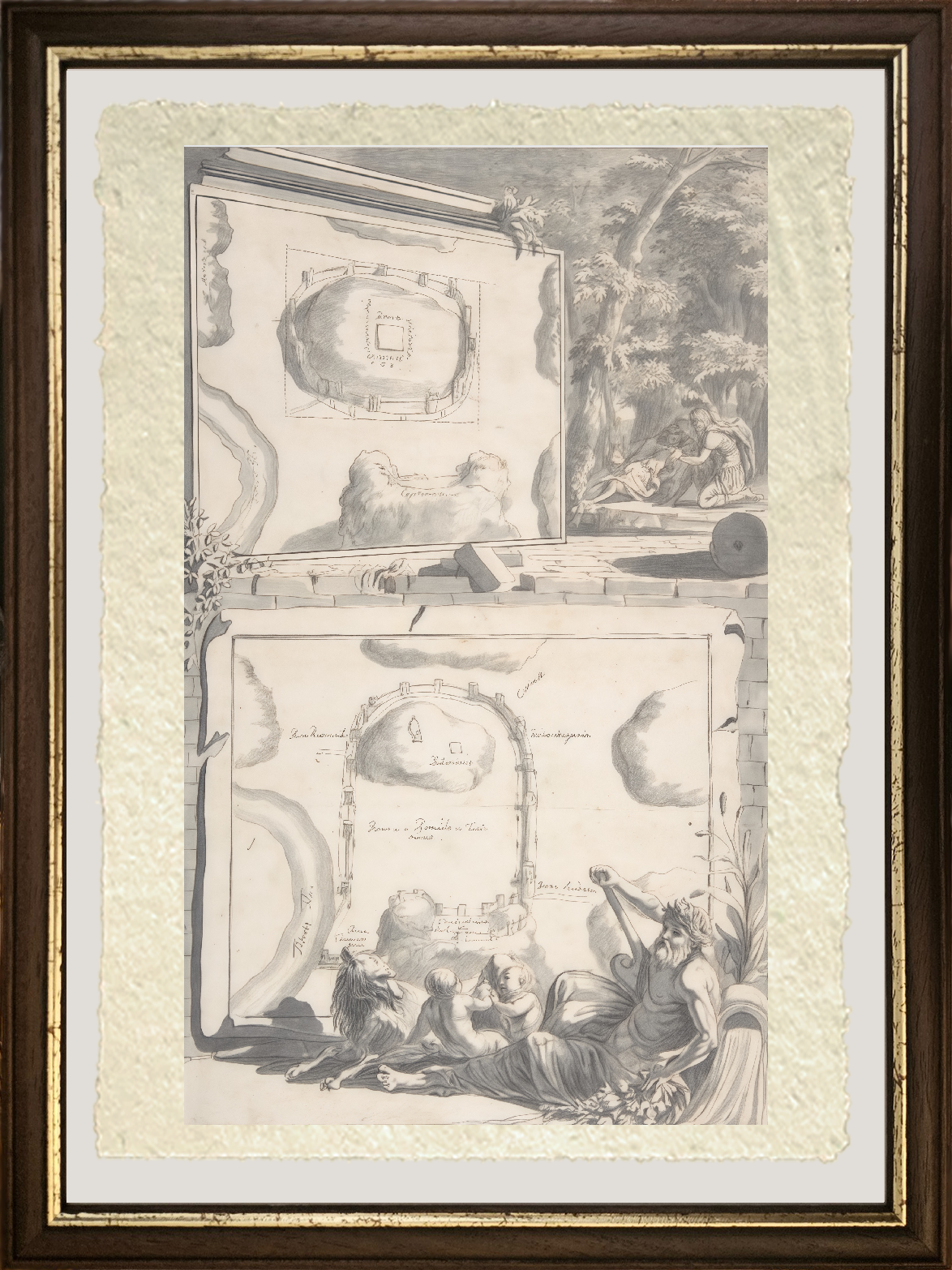 Maps of ancient Rome with river god and Romulus and Remus by Jan Goeree