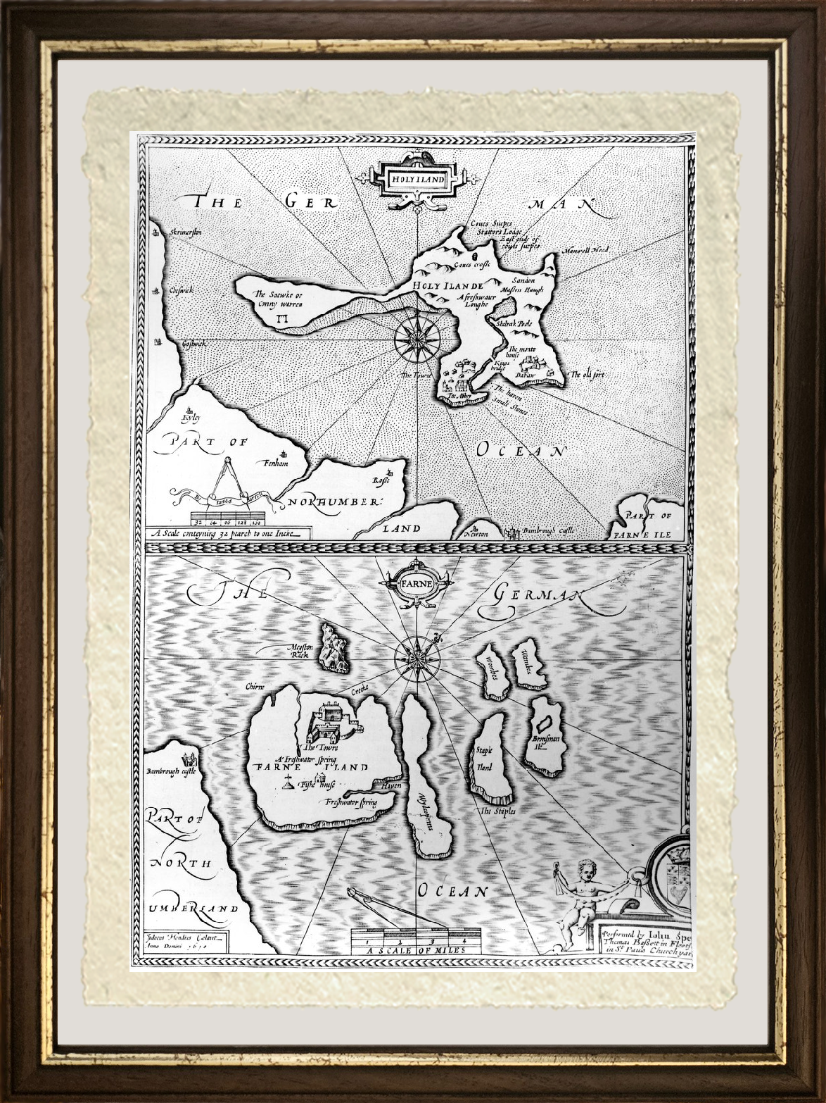 Maps of Holy Island and Farne Island, Northumberland, from John Speed's 'The Theatre of the Empire of Great Britaine', 1676