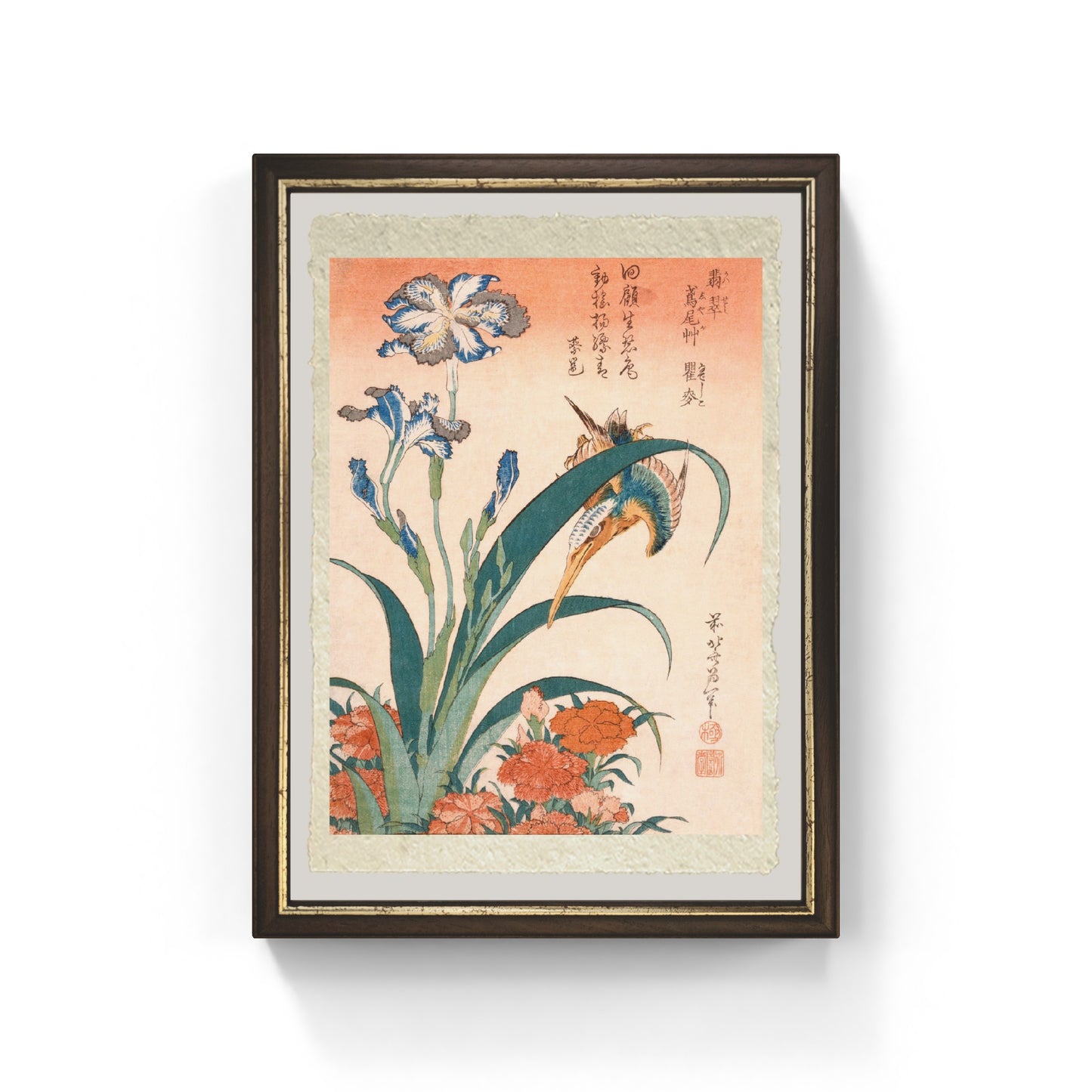 Stampa su carta Amalfi Martin pescatore Iris e Garofani di Katsushika Hokusai