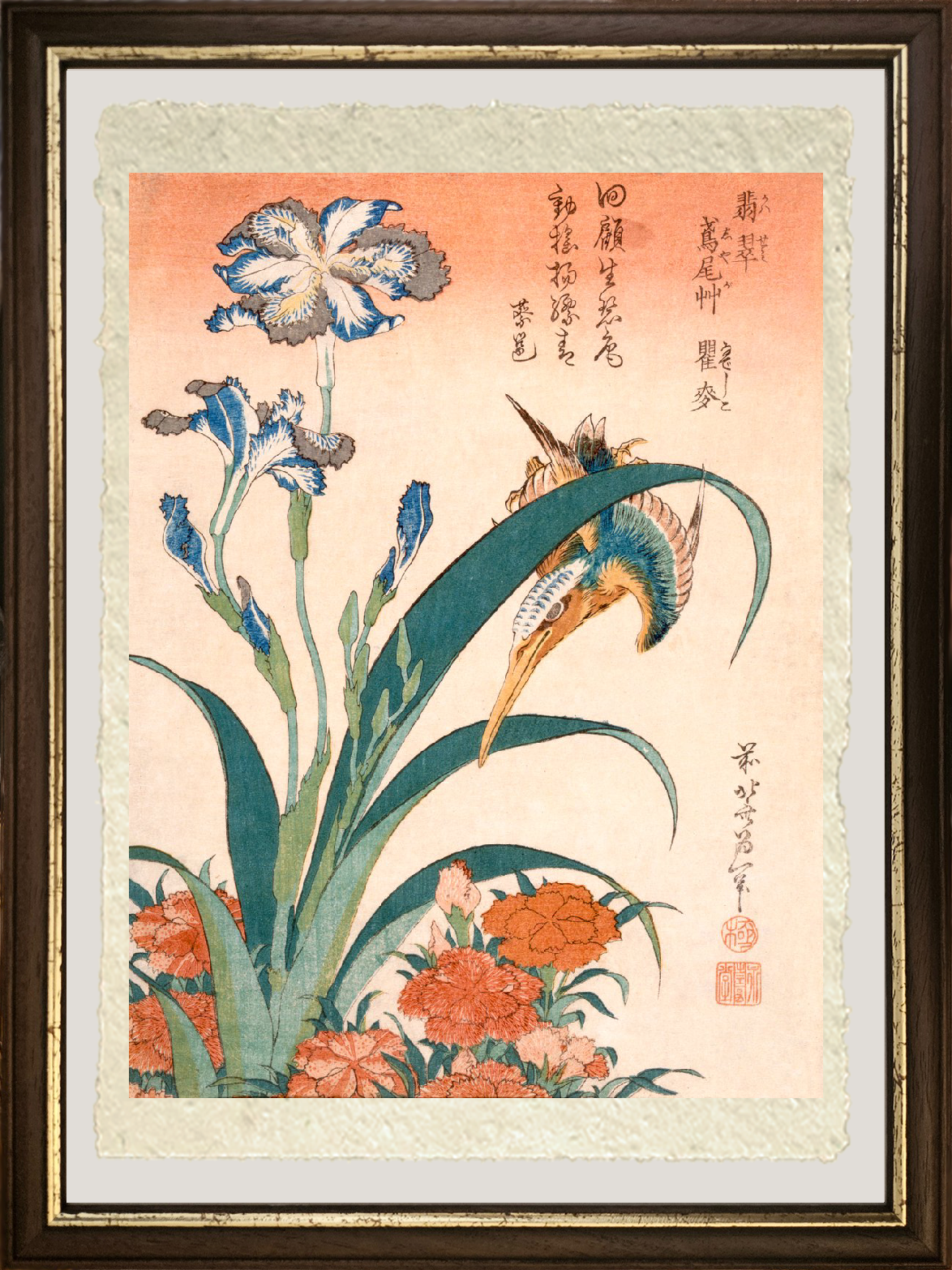 Dettaglio della stampa su carta Amalfi Martin pescatore Iris e Garofani di Katsushika Hokusai