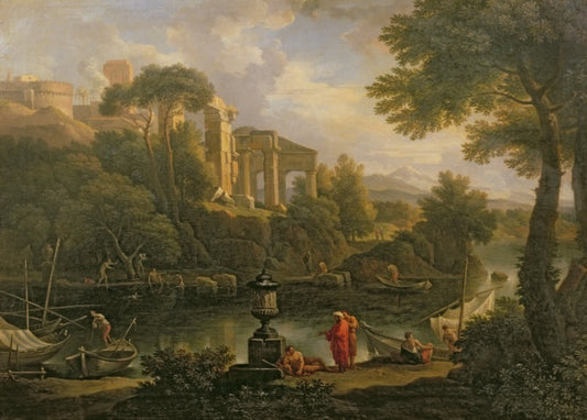 Paesaggio con figure vicino a una piscina con rovine sullo sfondo - Jan Frans van Bloemen