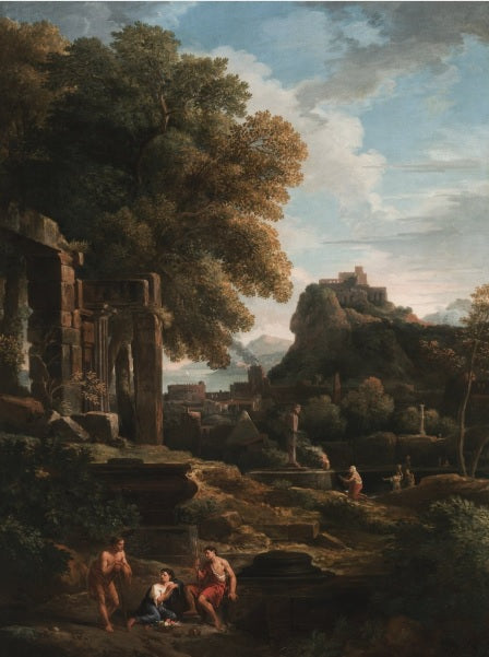 Paesaggio classico con figure in primo piano, rovine a sinistra e una figura al centro che fa un sacrificio - Jan Frans van Bloemen