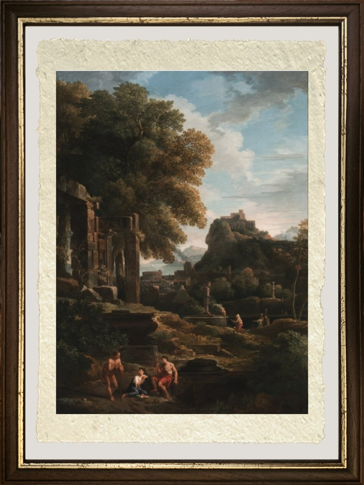 Paesaggio classico con figure in primo piano, rovine a sinistra e una figura al centro che fa un sacrificio - Jan Frans van Bloemen