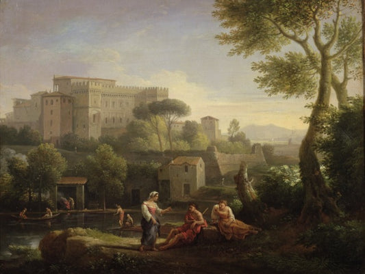 Paesaggio con figure e una fortezza vicino a un fiume - Jan Frans van Bloemen