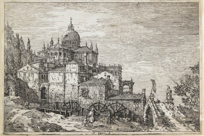 Paesaggio con una chiesa, case e un mulino - Giovanni Antonio Canal detto Canaletto