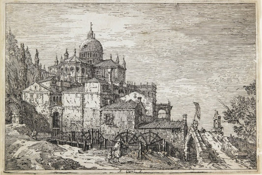 Paesaggio con una chiesa, case e un mulino - Giovanni Antonio Canal detto Canaletto