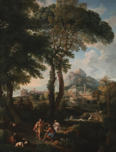 Paesaggio fluviale classico con figure che si salutano su una strada in primo piano, una vista di una città in lontananza - Jan Frans van Bloemen