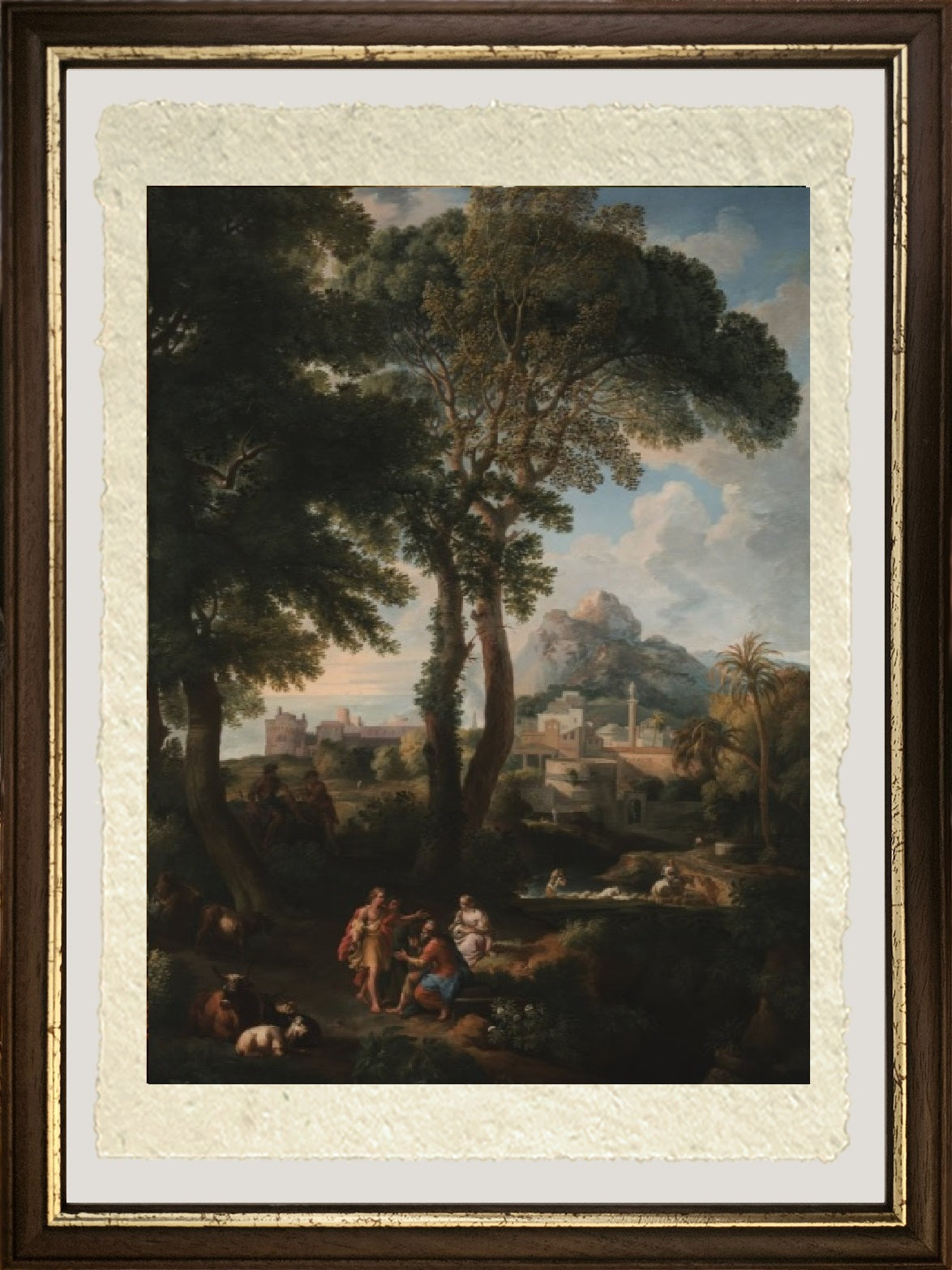 Paesaggio fluviale classico con figure che si salutano su una strada in primo piano, una vista di una città in lontananza - Jan Frans van Bloemen