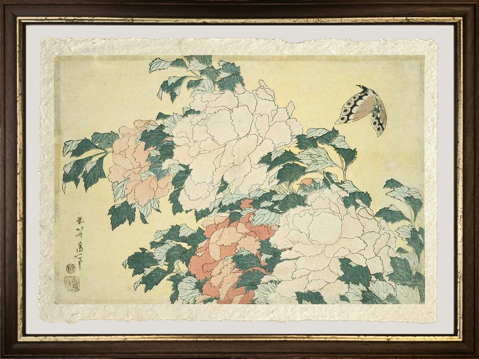 Dettaglio di Peonie e Farfalla di Katsushika Hokusai, riproduzione su carta Amalfi