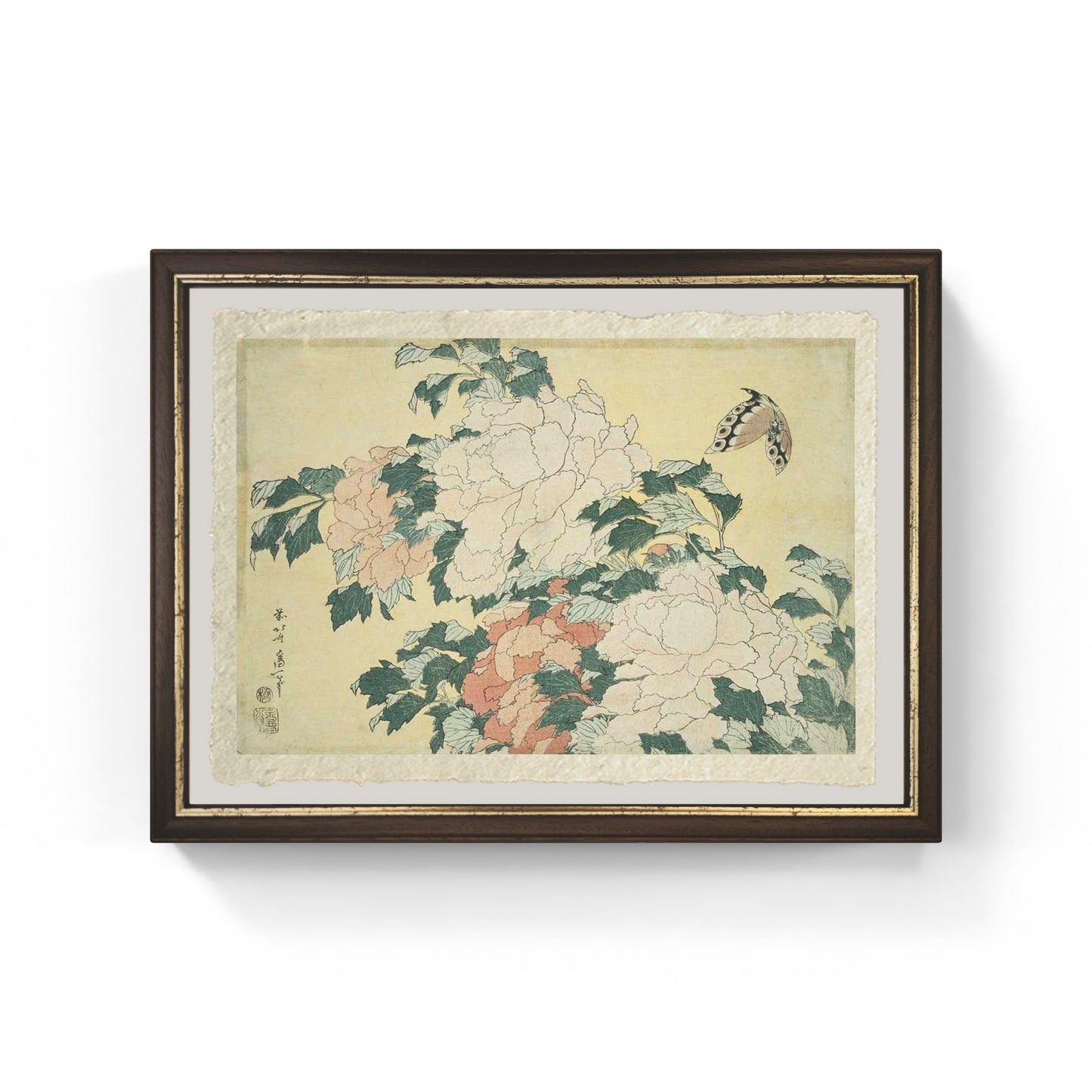 Peonie e Farfalla di Katsushika Hokusai, riproduzione su carta Amalfi