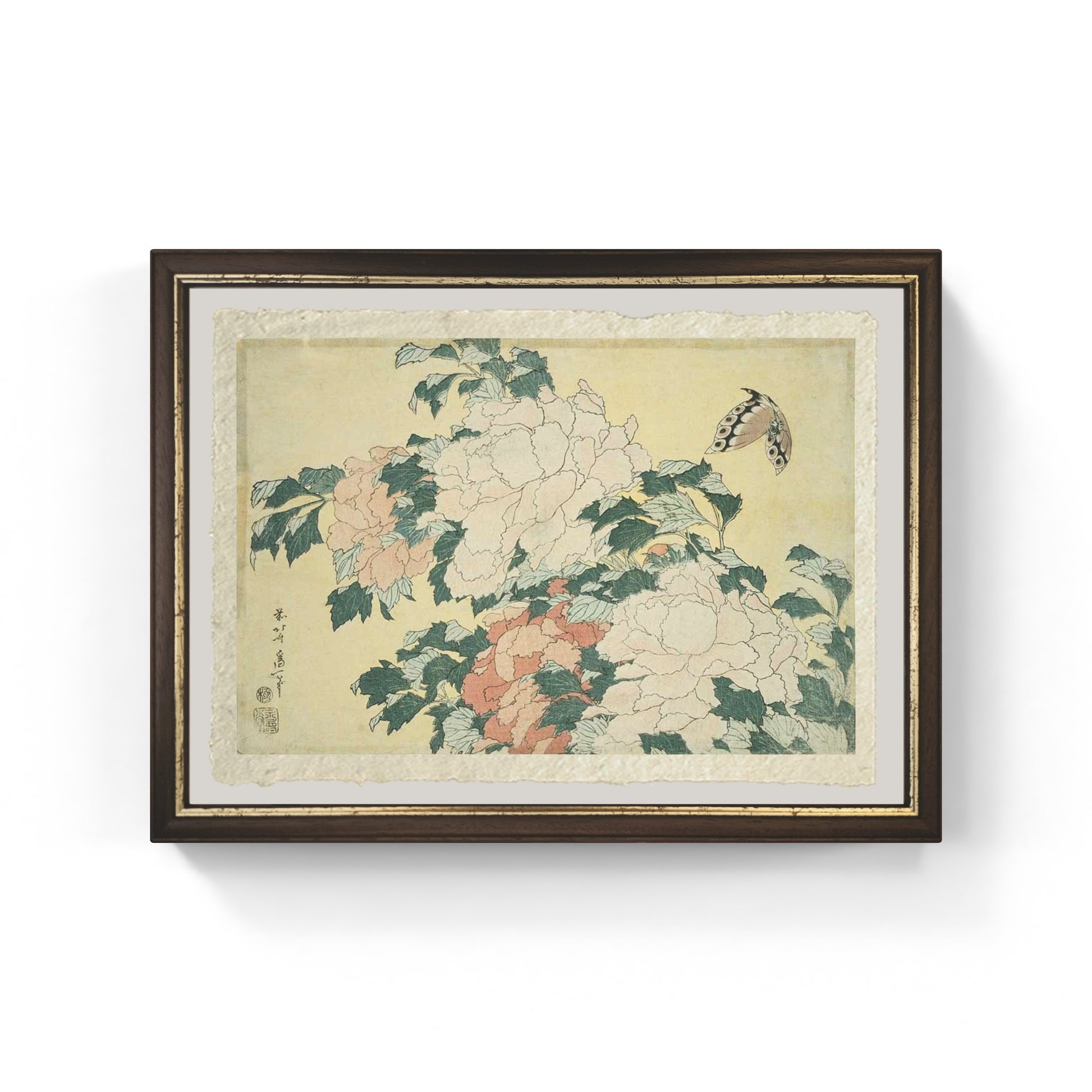 Peonie e Farfalla di Katsushika Hokusai, riproduzione su carta Amalfi