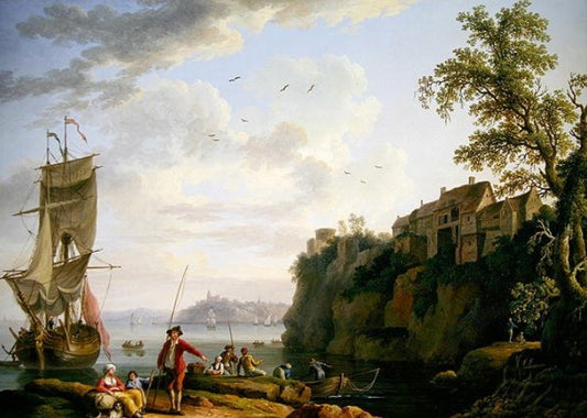 Pescatori vicino a una nave ormeggiata con un villaggio - Jakob-Philipp Hackert