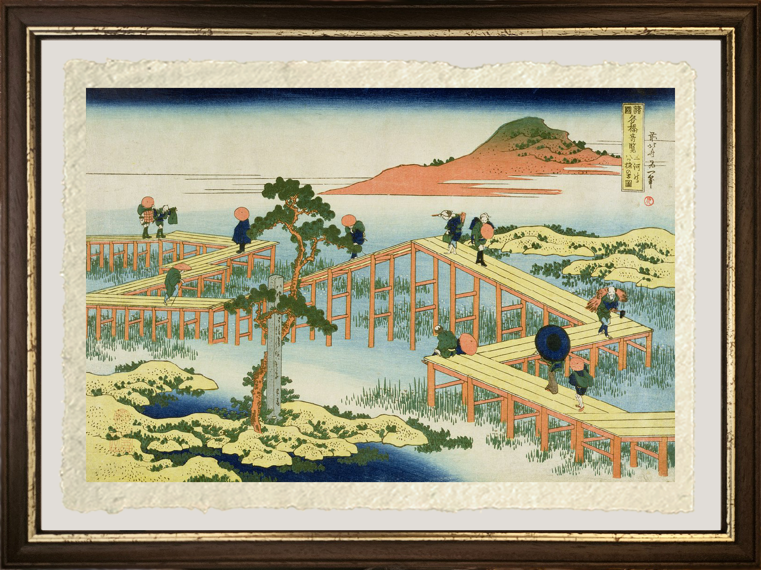 Dettaglio grande della riproduzione Ponte a otto parti provincia di Mucawa di Katsushika Hokusai su carta di Amalfi