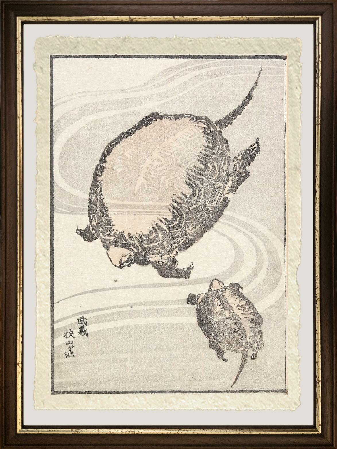 Dettaglio ravvicinato della riproduzione su carta Amalfi dello Stagno Sayama-ga-ike di Katsushika Hokusai