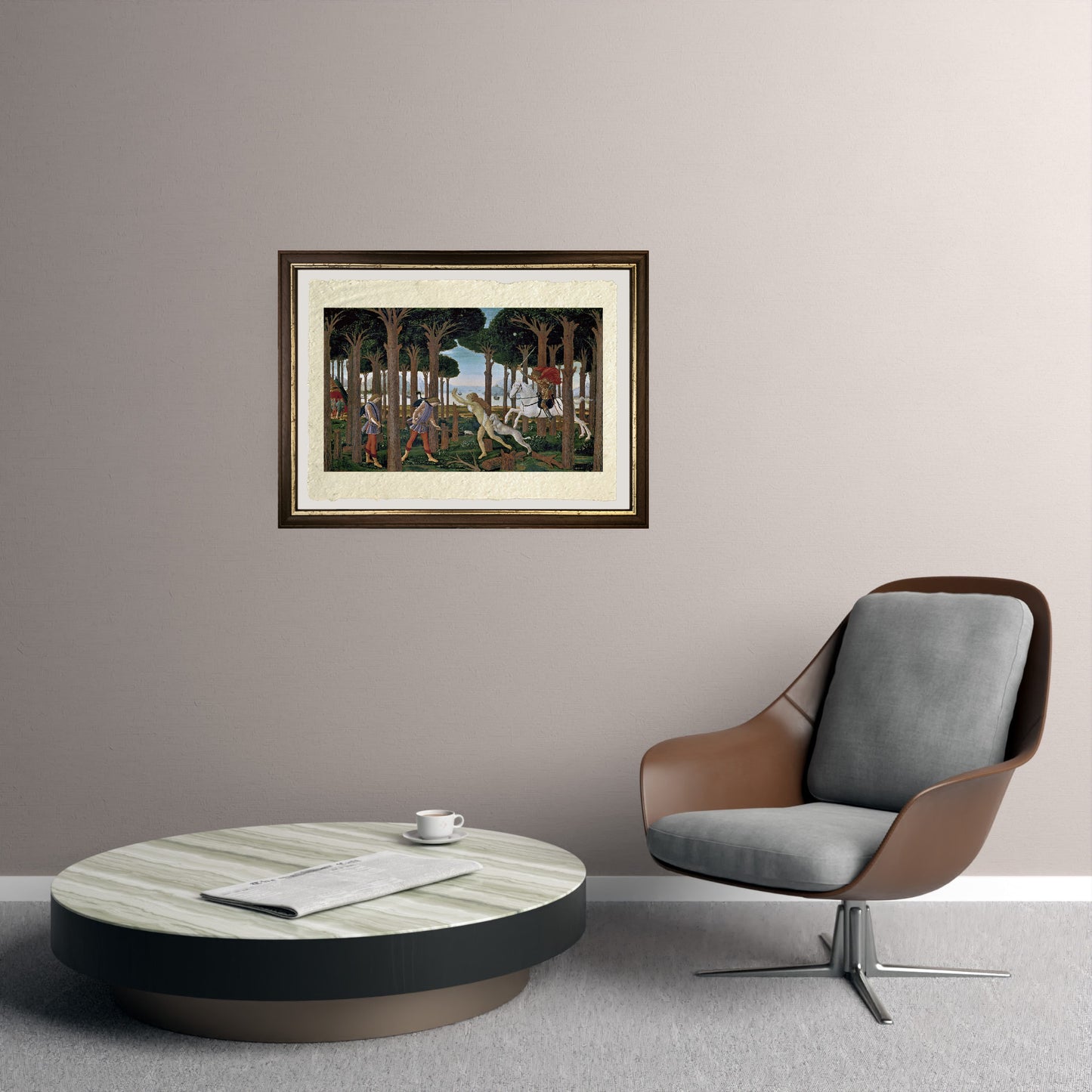 Nastagio incontra la donna e il cavaliere nella pineta di Ravenna - Sandro Botticelli su carta Amalfi