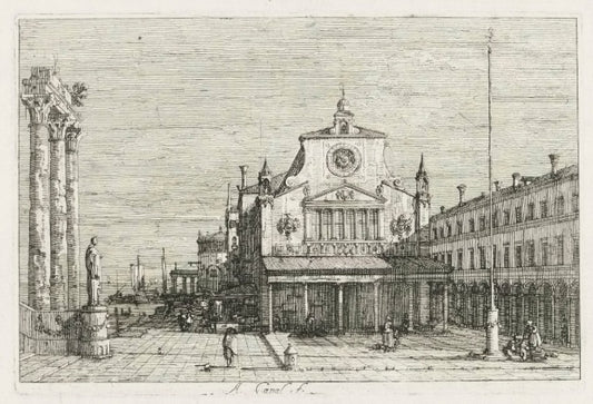 Three columns and a statue on the sea coast - Giovanni Antonio Canal, known as Canaletto