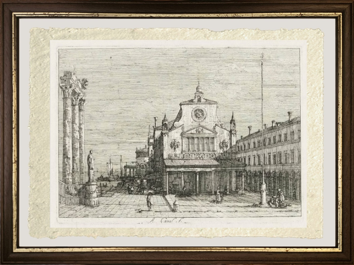 Three columns and a statue on the sea coast - Giovanni Antonio Canal, known as Canaletto