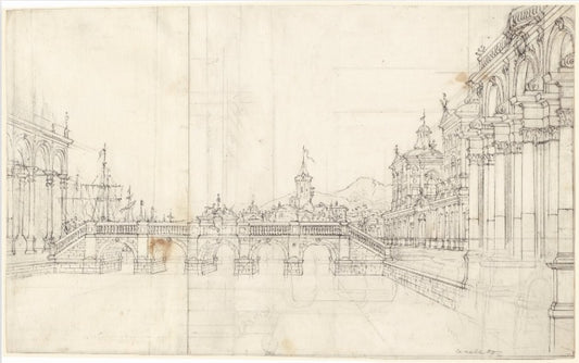 A capriccio of palaces and a loggia facing a classical bridge - Bernardo Bellotto