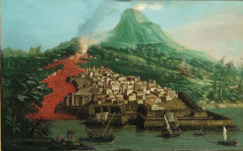 A volcanic island with a port and ships - Giovanni Antonio Canal known as Canaletto