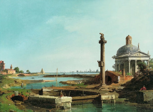 A river lock, a column and a church - Giovanni Antonio Canal known as Canaletto