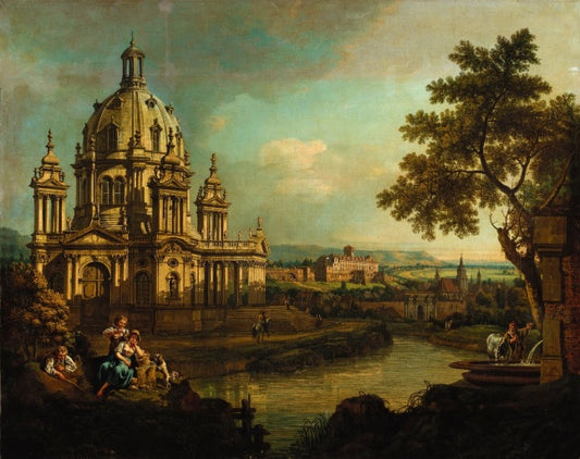 A Capriccio with a domed church and buildings in Pirna - Bernardo Bellotto