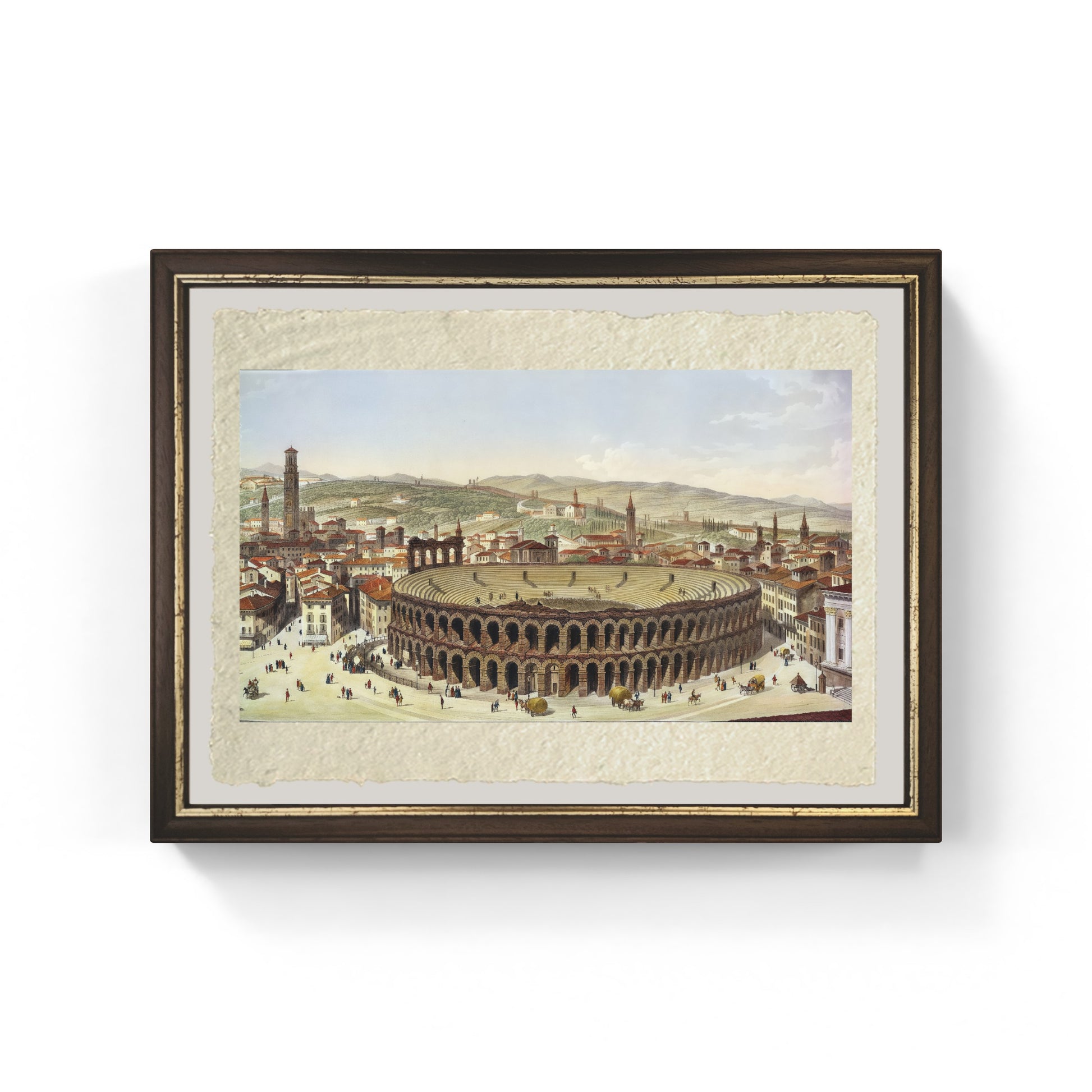 Veduta dell'anfiteatro romano a Verona di P. Majocchi su carta Amalfi