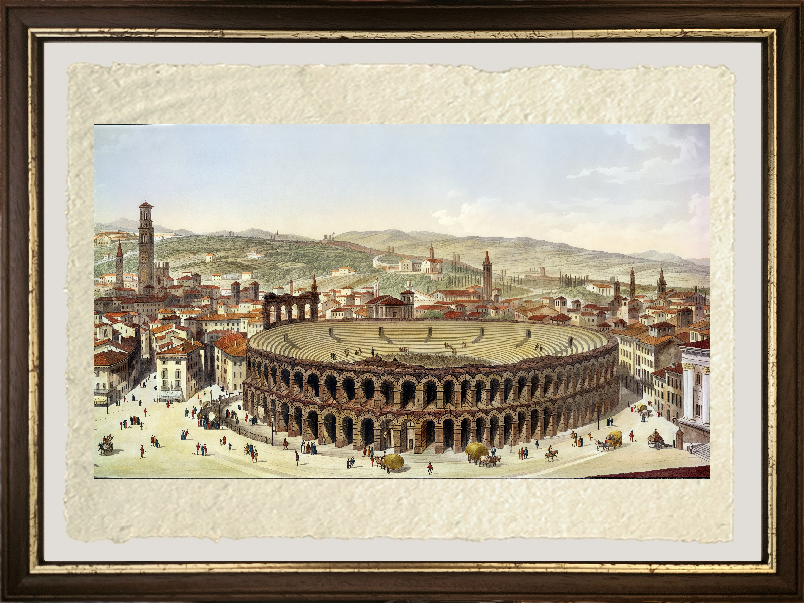 Dettaglio di Veduta dell'anfiteatro romano a Verona di P. Majocchi su carta Amalfi