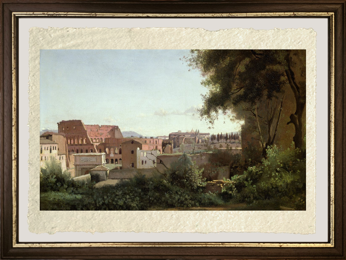 Dettaglio di Vista del Colosseo dai Giardini Farnese (1826) di Jean-Baptiste-Camille Corot su carta Amalfi