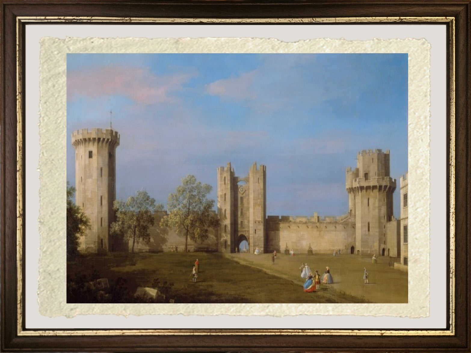 Dettaglio ravvicinato della riproduzione su carta Amalfi del dipinto “Castello di Warwick, fronte est” di Canaletto