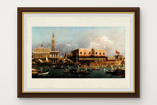 Stampa su carta di Amalfi incorniciata del Bucintoro al Molo nel giorno dell'Ascensione a Venezia, dipinto da Canaletto nel 1760, con cornice marrone scuro fatta a mano e vetro