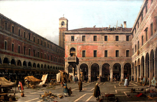 Il Campo di Rialto a Venezia con i portici del mercato e i banchi dei mercanti, dipinto da Canaletto intorno al 1758
