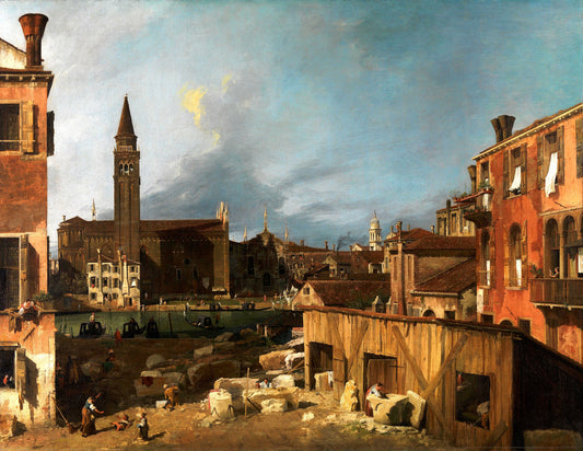 Campo San Vidal a Venezia con i tagliapietre al lavoro e il campanile della Carità, dipinto da Canaletto alla fine degli anni Venti del Settecento