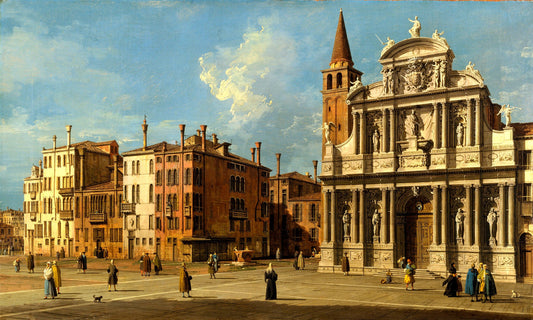 Campo Santa Maria Zobenigo a Venezia con la facciata di Santa Maria del Giglio e il suo campanile, dipinto da Canaletto negli anni Trenta del Settecento