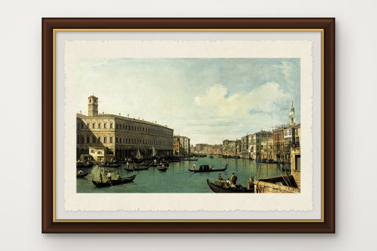 Stampa su carta di Amalfi incorniciata del Canal Grande visto dal Ponte di Rialto a Venezia, dipinto da Canaletto verso il 1725, con cornice marrone scuro fatta a mano e vetro