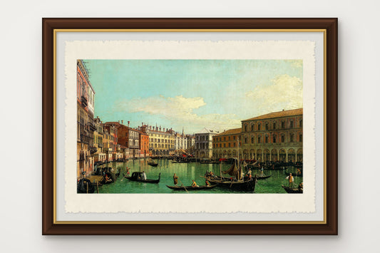 Stampa su carta di Amalfi incorniciata del Canal Grande verso il Ponte di Rialto a Venezia, dipinto da Canaletto negli anni Trenta del Settecento, con cornice marrone scuro fatta a mano e vetro