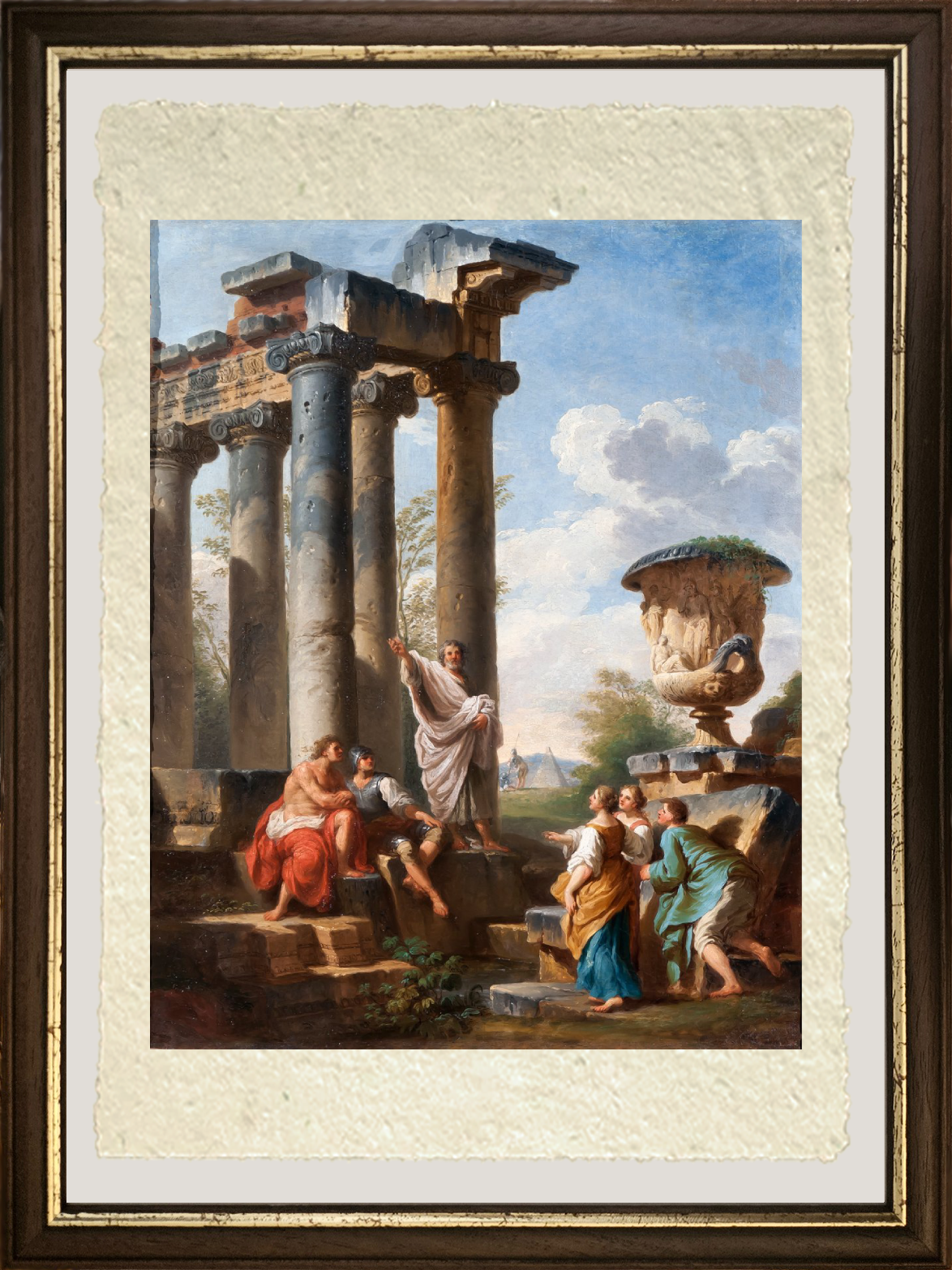 Capriccio con predica di un santo, tempio la Piramide di Cestio di Pannini con cornice