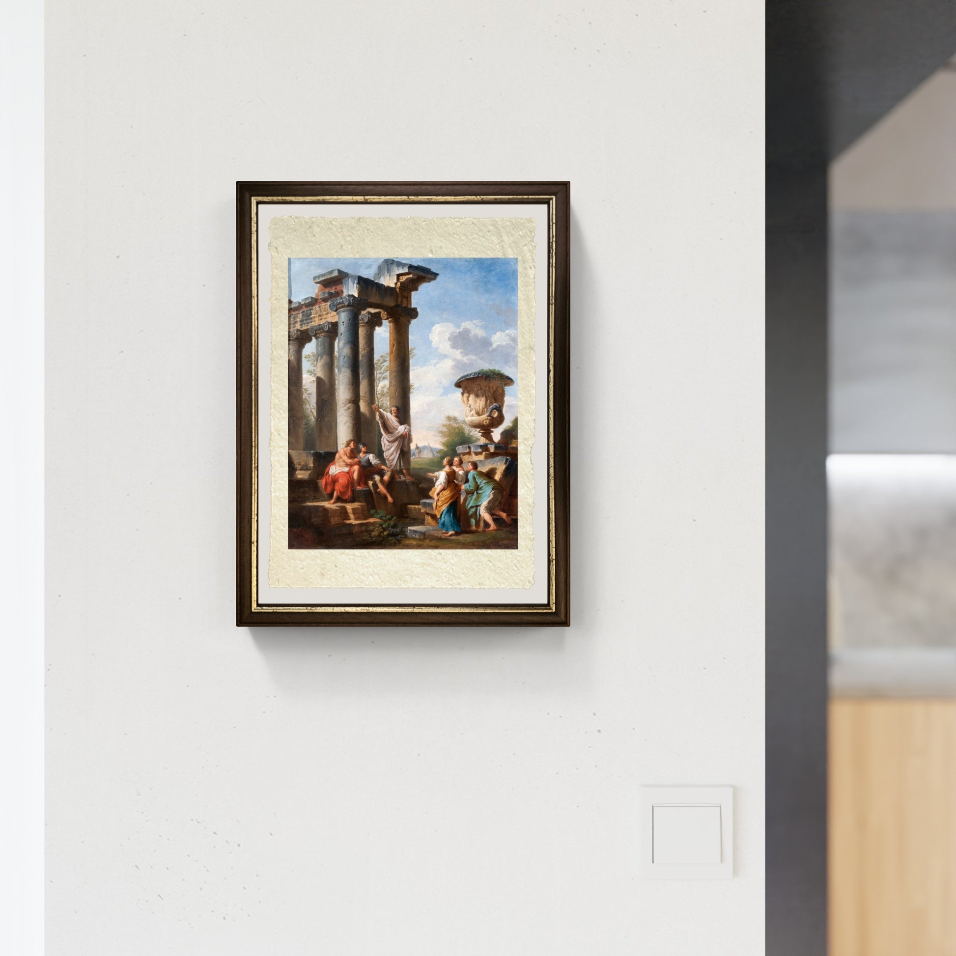 Capriccio con predica di un santo, tempio la Piramide di Cestio di Pannini appeso al muro