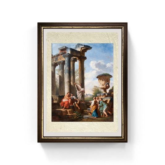 Capriccio con predica di un santo, tempio la Piramide di Cestio di Pannini