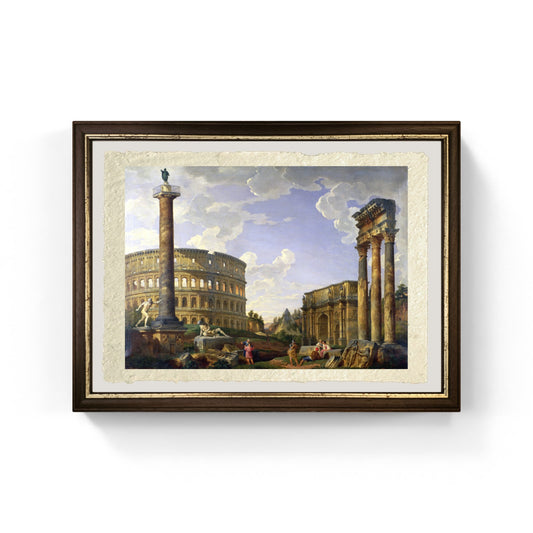 Capriccio romano che mostra il Colosseo, il Guerriero Borghese, la Colonna Traiana, il Galata morente, la Tomba di Cestio, l'Arco di Costantino e il Tempio di Castore e Polluce di Giovanni Paolo Pannini