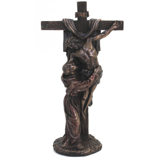 Crocifisso con San Francesco - Statua resina bronzata